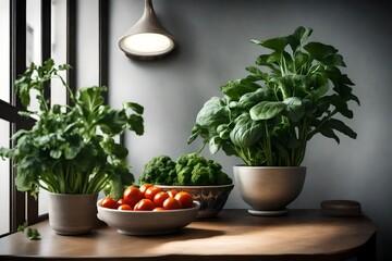 a bowl of vegetables sits on a table next to a potted plant and a potted potted plant.-