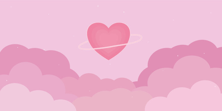 Heart-shaped planet background in the pink sky Among the clouds of love. Vector illustration, starlight.