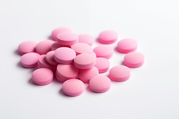 Obraz na płótnie Canvas Assorted Pink and White Pills on a White Surface, Representing Medicine, Health, and Pharmaceutical Care