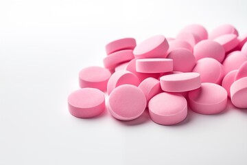 Obraz na płótnie Canvas Pink and white pills isolated on a white background represent a healthful blend of medicine, encapsulating the essence of pharmaceutical care and well-being, with a touch of candy-colored vitality