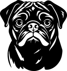 Cute pug face illustration in black and white style.