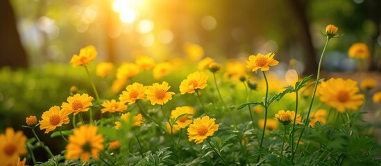 Obraz premium Yellow flowers bloom beautifully amidst white, creating a picturesque scene with abundant greenery and a radiant sun.