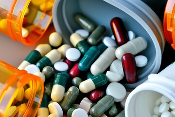 Pills, capsules, tablets, and medication for health, pharmaceutical care, and medical treatment in a closeup image emphasizing white pharmaceuticals and healthcare essentials, vitamins and supplements