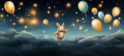 Obraz na płótnie Canvas Showcase the baby rabbit flying with balloons against a moonlit sky, with stars and constellations illuminating the celestial backdrop