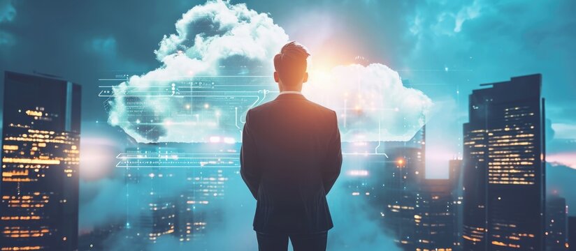 Successful businessman and e-business entrepreneur overlooking a cloud computing facility.