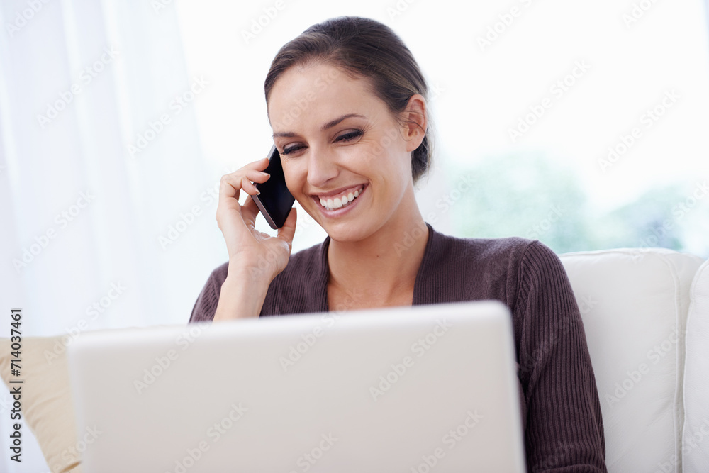 Canvas Prints Happy, woman and phone call with laptop on couch for remote work in communication or social media. Virtual, contact and person in home with networking on computer online and talking on smartphone