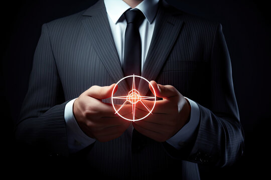 Businessman in a suit holding a glowing, digital target in his hands.