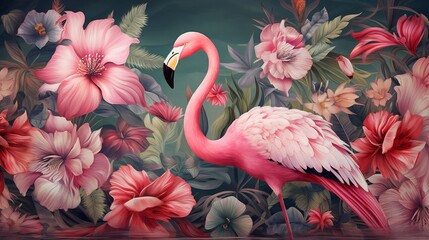 Illustration of Tropical Wallpaper Design with Exotic Flora and Fauna

