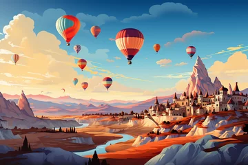 Poster Im Rahmen hot air balloon in the sky concept 3D rendering ,Landscape with mountains and balloons © Farjana