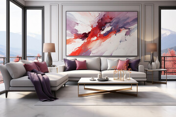 3d interior render of couch in bright color room, interior with sofa. 3d illustration
