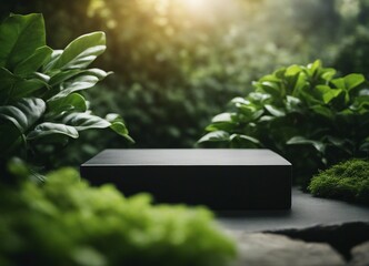  Black Stone podium between green plant leaves with space for placing products