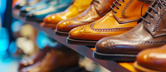 A colorful array of polished leather shoes on display, showcasing craftsmanship and style