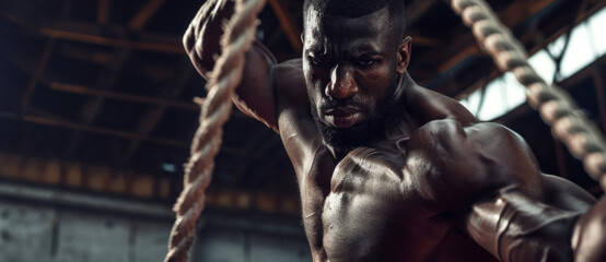 Fototapeta na wymiar Determination etched in sweat, a muscular man conquers battle ropes in a gritty gym