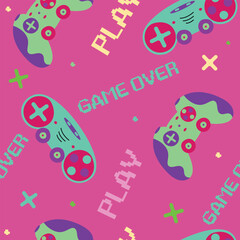 Seamless gamepads pattern. Game pads repeat print on a pink background. Digital Text Game over, Play. Gaming repeated wallpaper for clothes.Y2k Background.Game pattern.