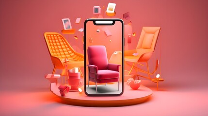 3d illustration of online shopping with mobile phone with chair furniture shop - obrazy, fototapety, plakaty