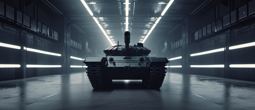 Futuristic military tank poised in a stark, illuminated hangar, ready for deployment