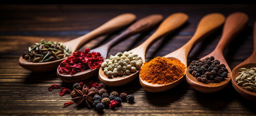 spices in spoons on wooden table