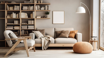Warm and cozy interior of living room space with brown sofa, pouf, beige carpet, lamp, mock up poster frame, decoration, plant and coffee table. Cozy home decor. Template.