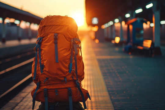 Close up tourist backpack at railway station on sunset light background. Wellbeing lifestyle, travel and tourism concept