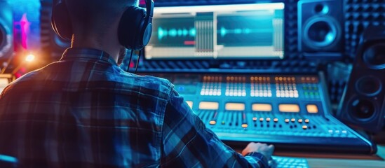 Sound engineer uses mixing surface, computer screen displays DAW software for music creation,...