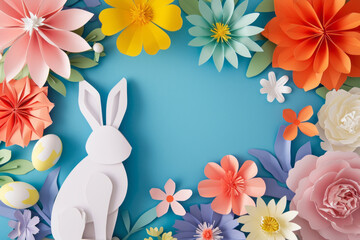 An illustration cut out of colored multi-colored cardboard paper for the spring celebration of Easter, a bunny and Easter eggs, origami with copy space 