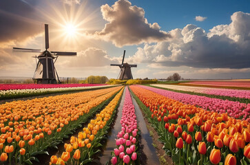 View of tulips in the Netherlands - obrazy, fototapety, plakaty