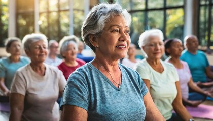  A candid, authentic glimpse of a group of seniors engaged in a yoga class