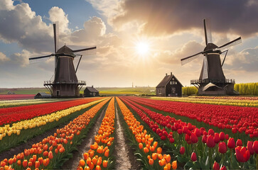 View of tulips in the Netherlands - obrazy, fototapety, plakaty