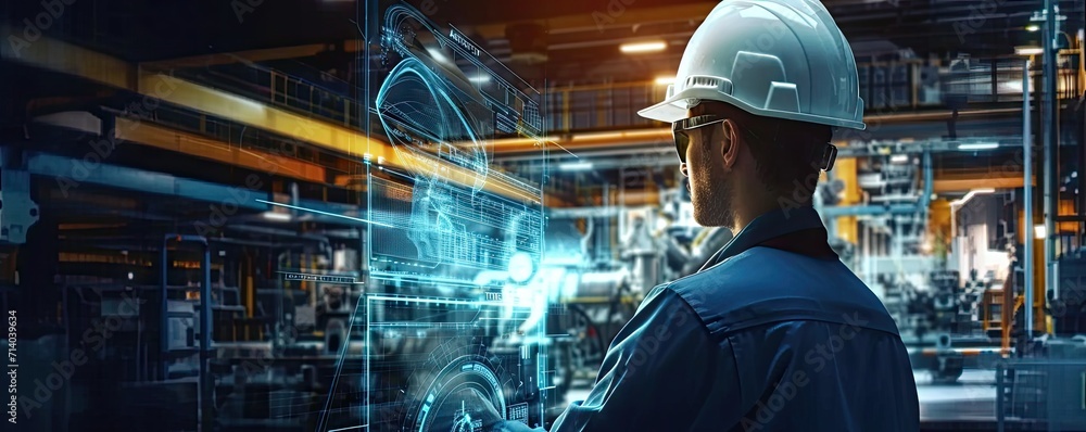 Aufkleber technology in industrial construction with engineer businessman at work modern factory setting digit