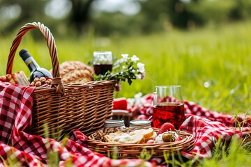 Wicker basket with fruits, cheese, food and drinks on a light blanket on a green lawn park in the sun. Concept of summer vacation with family in nature