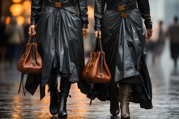 A stylish group of women strut confidently through the wet city streets, donning sleek black coats, boots, and high heels, with fashionable purses in hand
