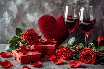 A captivating Valentine's Day tableau unfolds: a large red heart, adorned gift boxes, a lavish bunch of roses, and two wine glasses, meticulously arranged for a romantic celebration.
