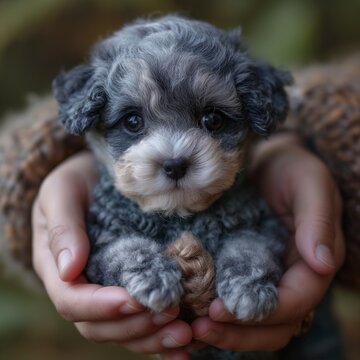 sweet puppy of a sheepadoodle in human hands in cozy sweter
