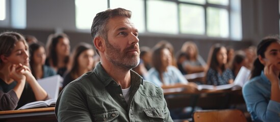 University teacher giving lecture while students take notes.