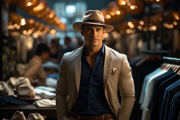 Obraz premium A stylish man in a fedora stands confidently on the street, his coat draped over his arm and a sun hat in his hand as he gazes at the building housing his favorite fashion store