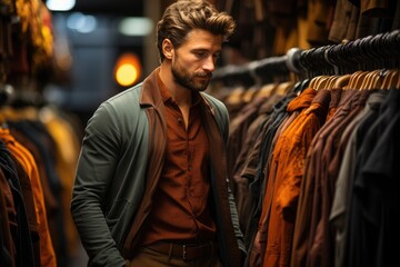 A stylish man peruses the racks of clothing on a bustling street, his hair tousled and his jacket draped casually over his shoulder, showcasing his impeccable fashion sense
