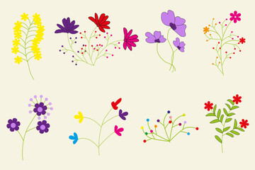 Beautiful romantic flower collection. Spring botanical flat vector illustration on white background. icons isolated on white background