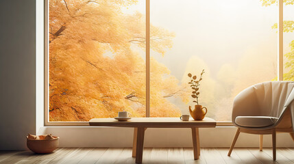Empty wooden table near window on sunny autumn day