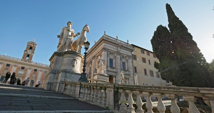 Piazza del Campidoglio, Capitoline Square of the capital of Italy, Rome. Beautiful buildings in the tourist part of the old town. High quality 4k footage