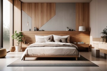 Interior home design of modern bedroom with wooden bed, soft mattress, concrete and wooden panel wall near the window