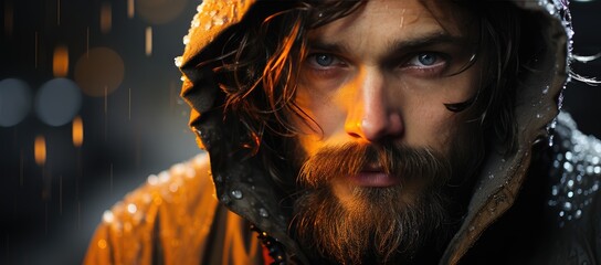A rugged man hides his weathered face behind a hood, his beard and mustache framing his determined expression