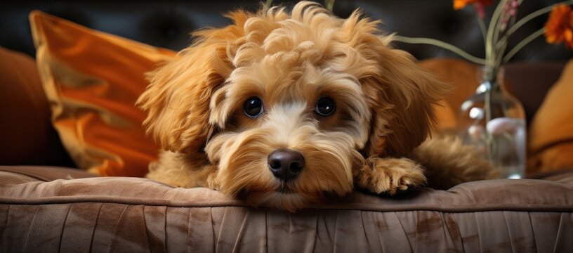 A cozy and contented poodle crossbreed lounges on a plush sofa, exuding the warmth and companionship of a beloved indoor pet