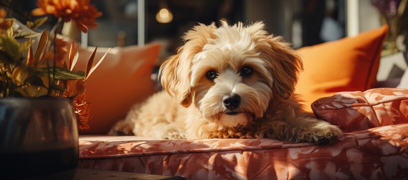 A fluffy yorkipoo puppy lounges on a brown sofa surrounded by colorful flowers, embodying the perfect indoor companion dog