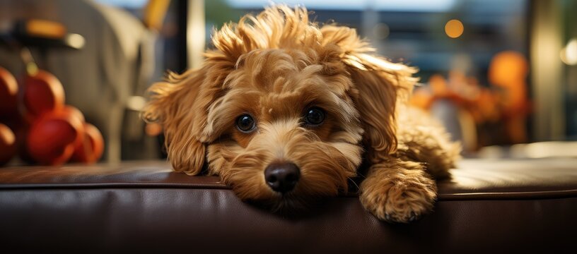 A furry companion, the brown labradoodle pup, rests contentedly on the indoor couch, embodying the perfect mix of playful energy and loyal devotion