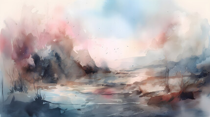 abstract landscape misty morning watercolor painting on the beach