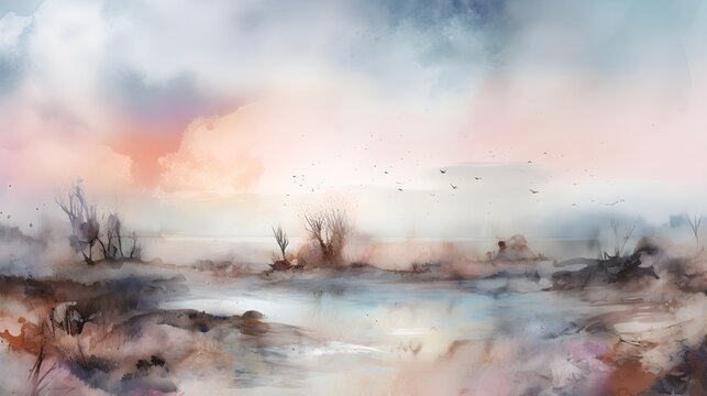 sunset over river abstract watercolor painting