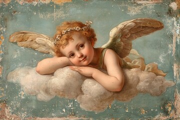 Classic Angelic Cherub Painting.
Vintage painting of a cherubic angel with a thoughtful expression.