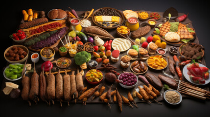 Obraz na płótnie Canvas A colorful spread of traditional Ramadan food, including dates, kebabs, and samosas