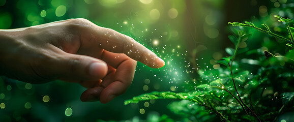 Human hand touching the green natural plants. particle lights with hand's finger, green environment bokeh background, Human nature connection - obrazy, fototapety, plakaty