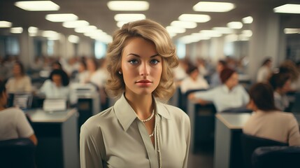 Confident and determined female business leader - open office - retro feel - vintage vibe 